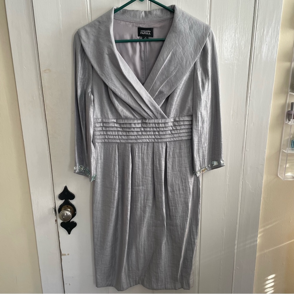 Adriana Papell Silver Collared Dress with Gem Sleeves Size 6